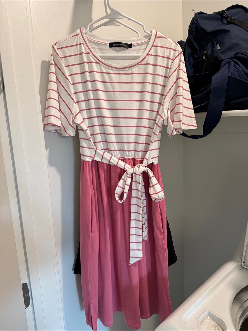 McSpadden Pink Striped Tie-Waist Midi Dress